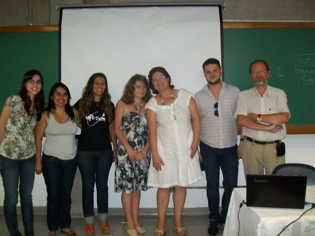 Da esq. para dir. Eleonora, Fátima Catarina, Ekaterina Velmezova (profª. visitante do CRECLECO - Suíça), Soeli da Silva, André Stahlhauer e Patrick Seriót (prof. visitante do CRECLECO - Suíça)